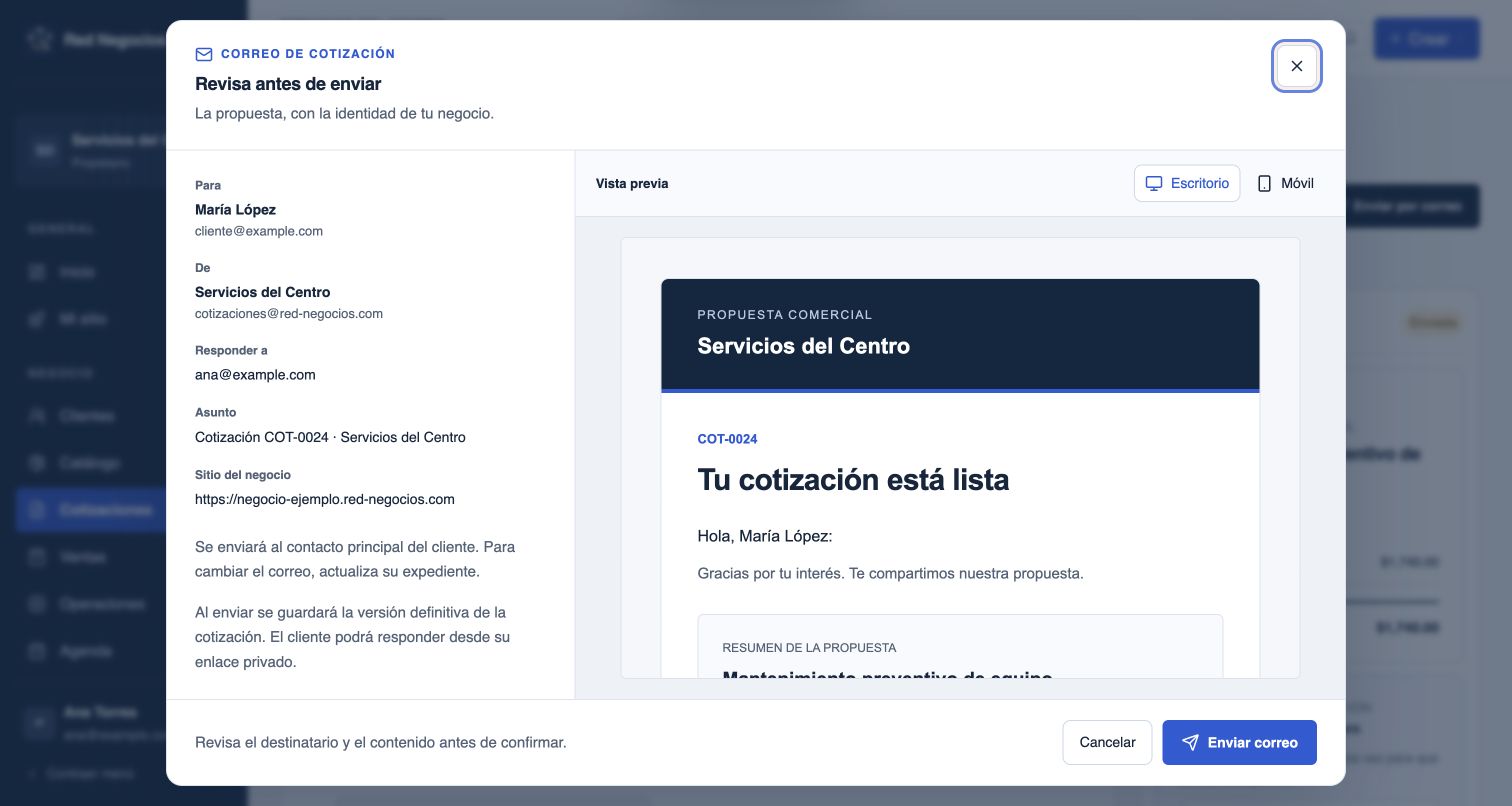 Vista previa de la cotización por correo: destinatario, mensaje y botón de envío.