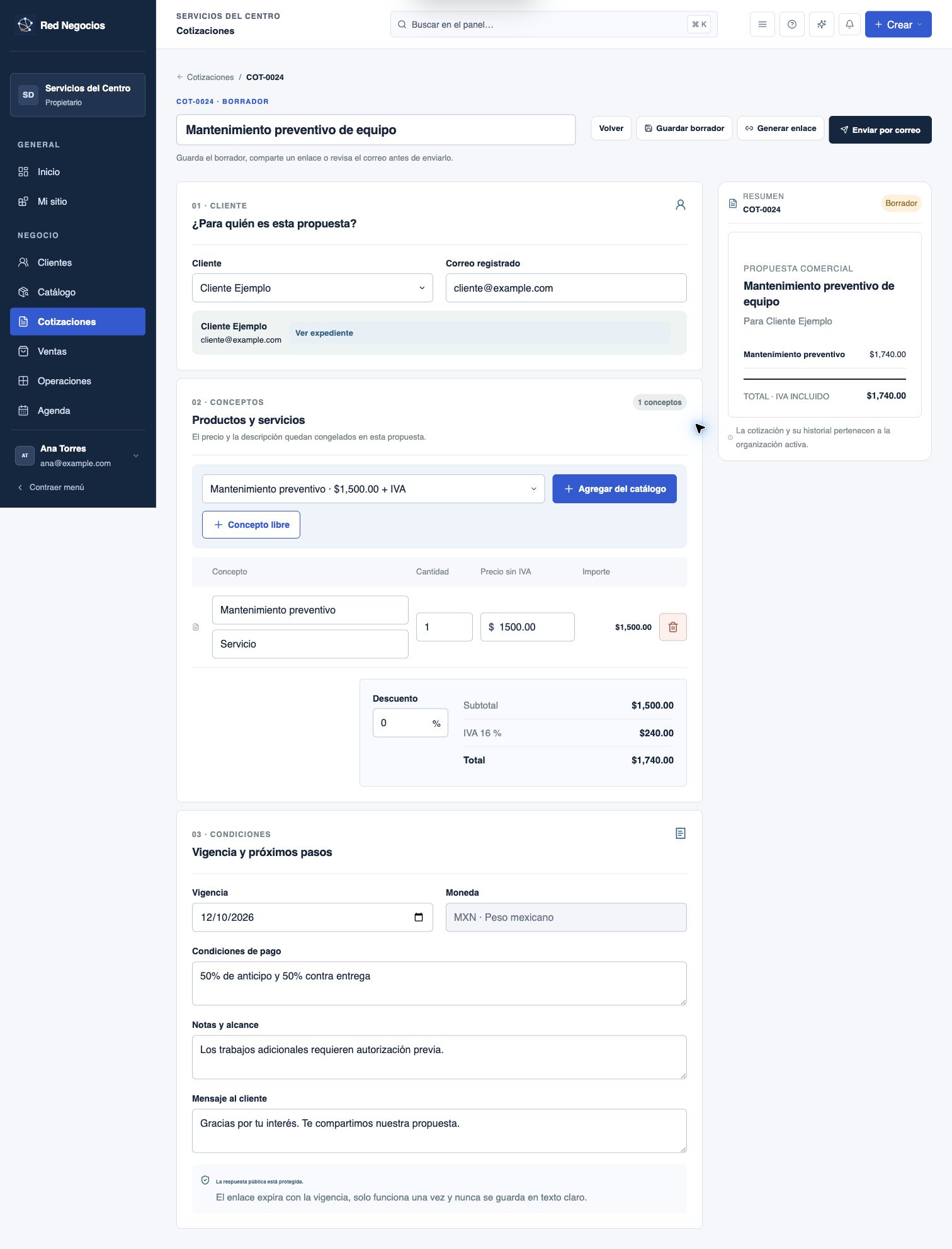 El borrador reúne cliente, conceptos, importes, vigencia y condiciones de la propuesta.