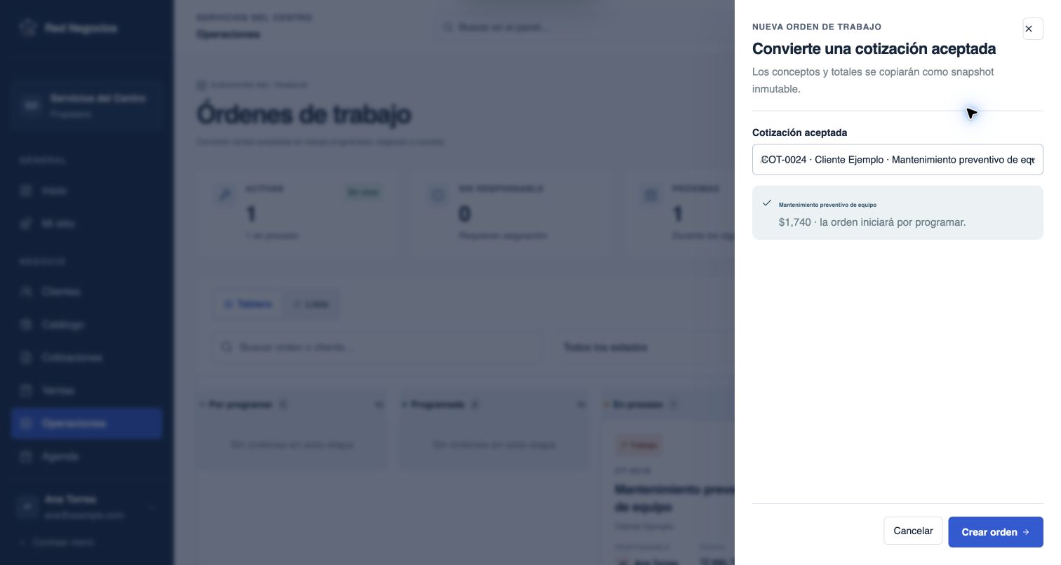 Selecciona una cotización aceptada en Convertir cotización para preparar la orden.
