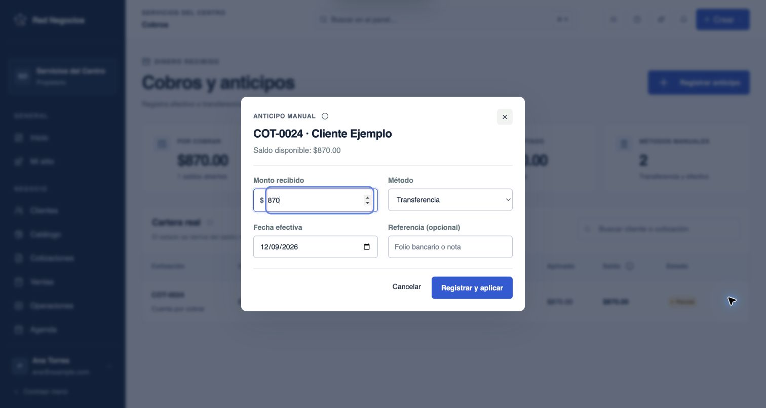 Captura monto recibido, método, fecha efectiva y referencia antes de registrar el pago.